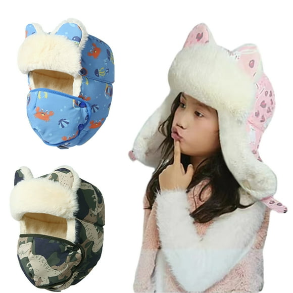 Beautyzll Chapeau d'Hiver Coupe-Vent pour Garçons Filles, Cagoule Lourde, Masque de Ski avec Couverture en Polaire Épaisse et Chaude 3-12T