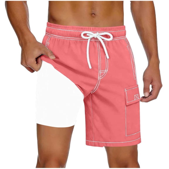 Wyobmus Men's Swim Trunks with Mesh Liner Quick Dry Cargo Shorts Drawstring High Waist Board Shorts for Swimming and Beach A-Pink