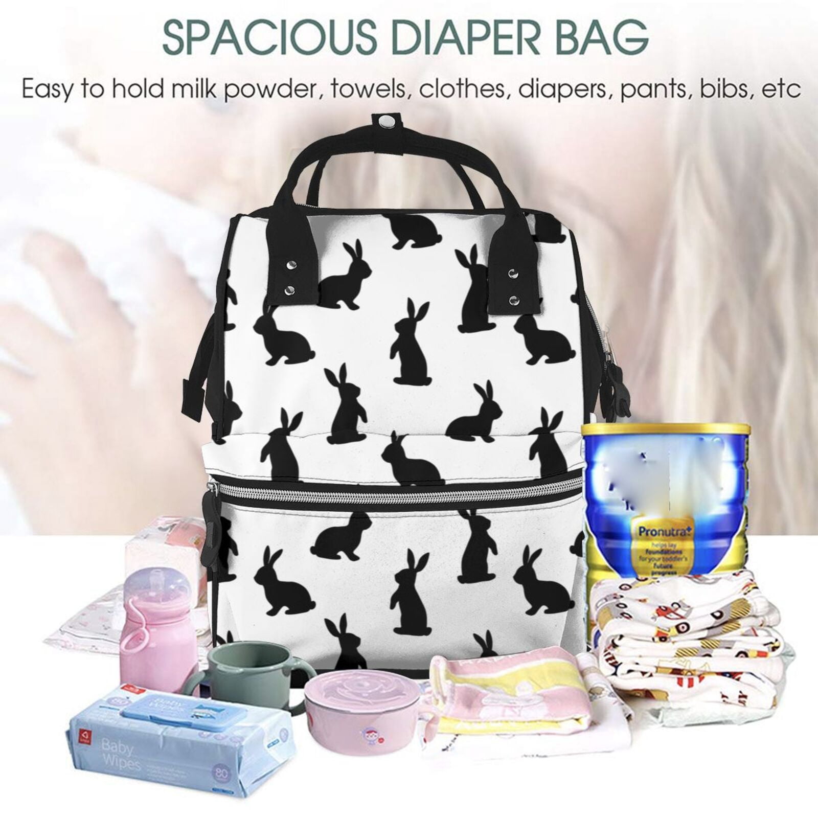 Ratiio Black Rabbit Mummy Backpack - Waterproof Twill Canvas, Large Capacity Diaper Bag with Multiple Pockets and Adjustable Straps