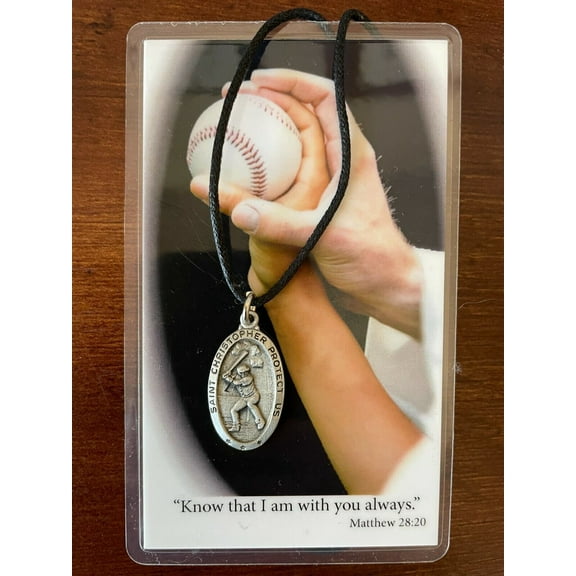 Saint Christopher Baseball Medal Cord Necklace with Laminated Prayer Card