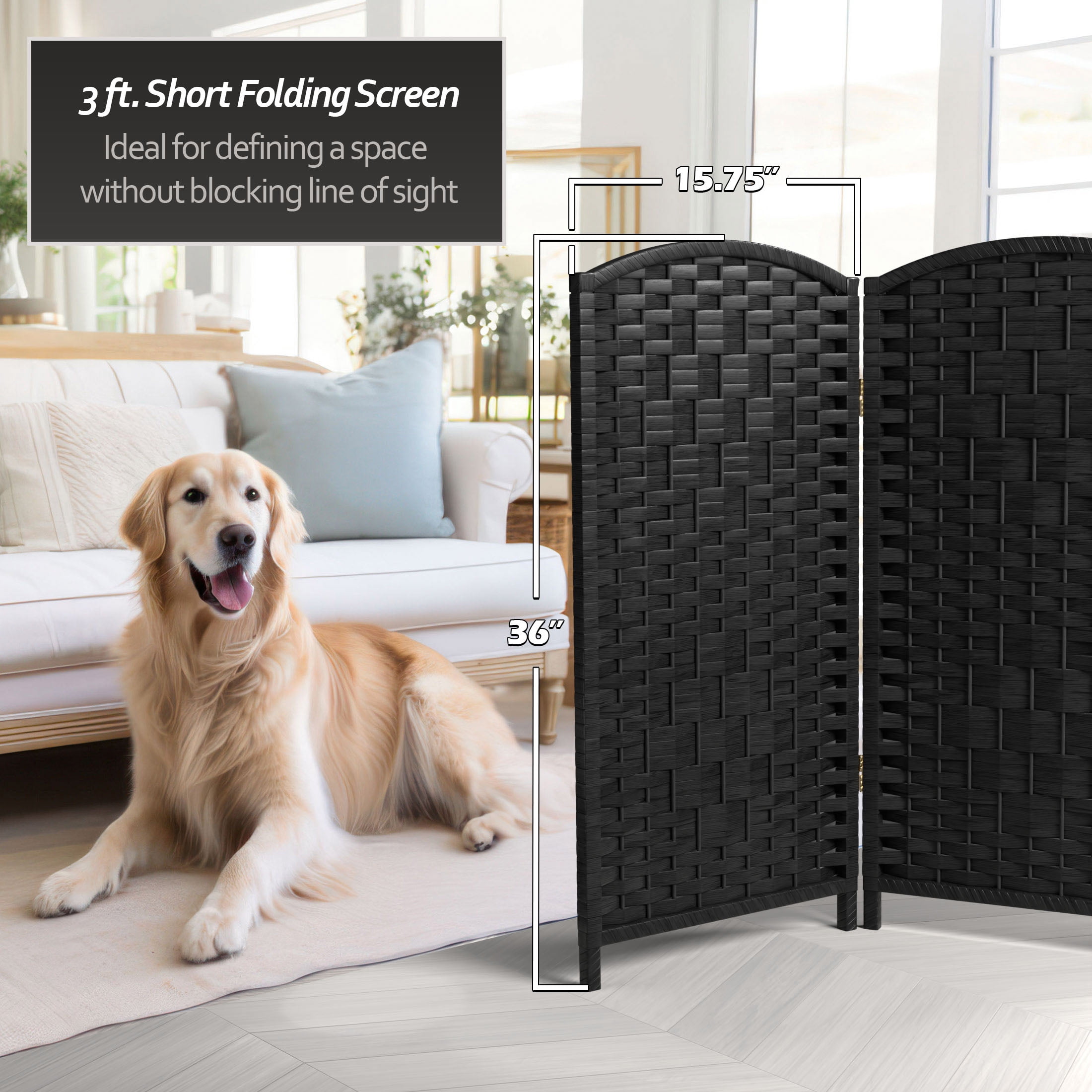 Red Lantern 3 ft. Short Diamond Weave Fiber Folding Screen - Black - 8 Panel