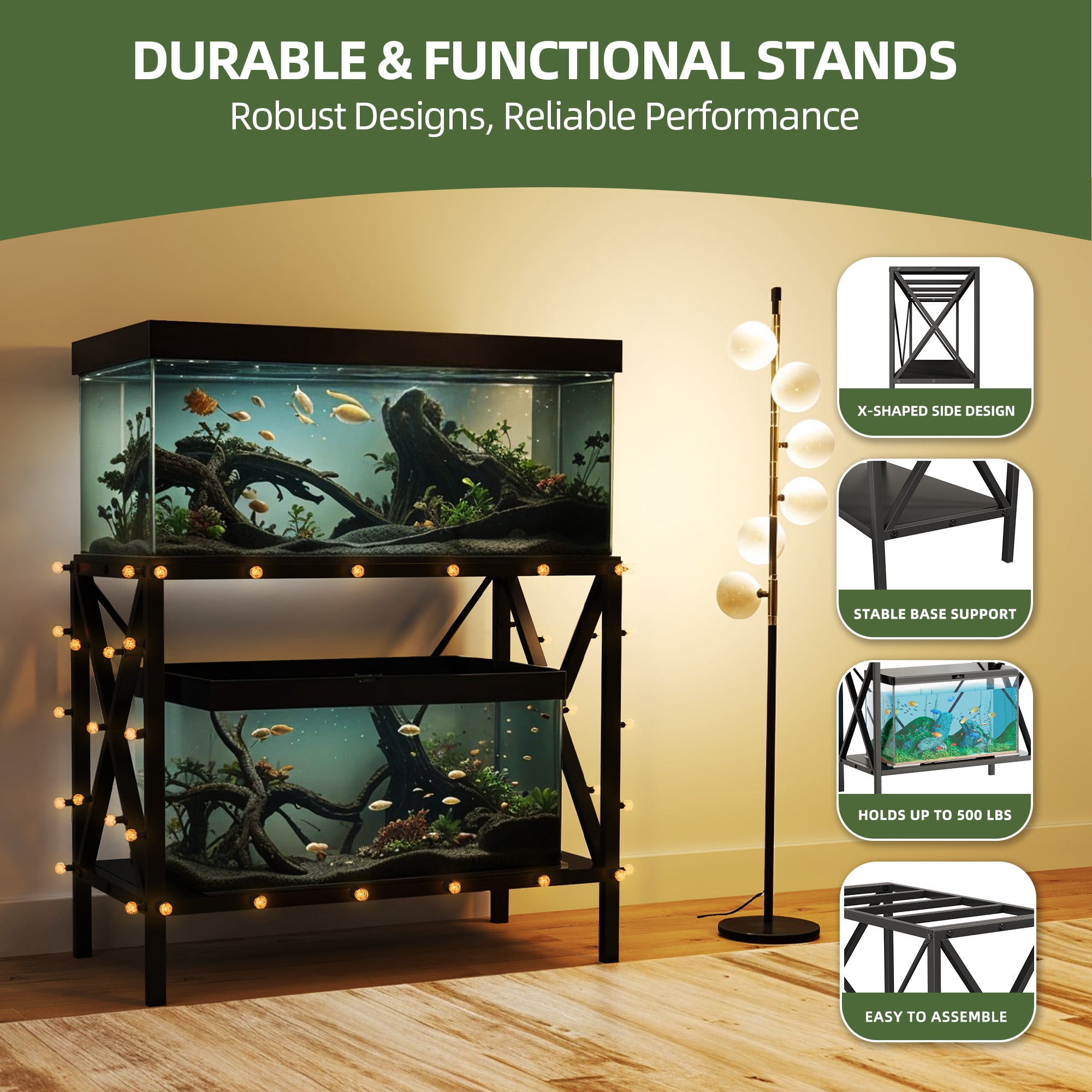 Uforic X-Shape 10-40 Gallon Double-Layer Storage Metal Fish Tank Stand, 500 Lbs Capacity, Black