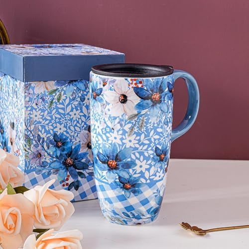 Ceramic Travel Mug Porcelain Latte Tea Cup Coffee Mug with Gift Box,17oz.Travel Cup with Lid, Blue Flowers