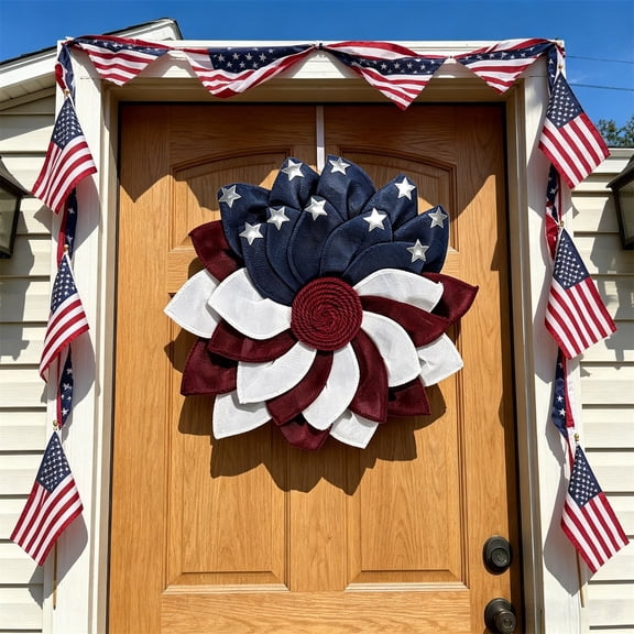 Wodellrrea Independence Day Flower Wreath - Patriotic 4th of July Red White Blue Star Wreath - Festival Garland Decoration Front Door Decoration for Memorial Day and Wall Home Decor - 17.72in