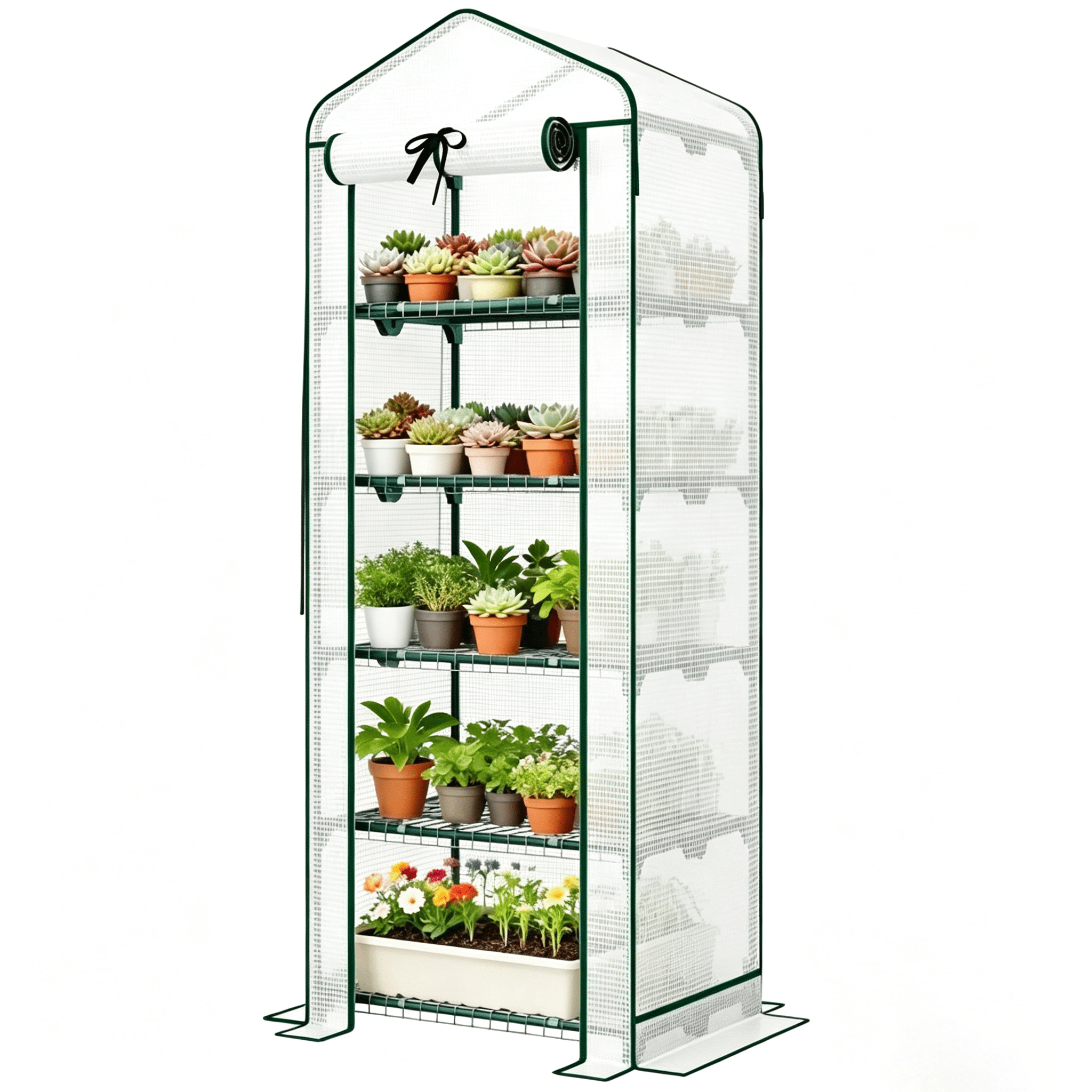 5-Tier Mini Greenhouse with Double Layer Roof, 140gsm PE Cover, Powder Coated Steel Frame, Portable Indoor Outdoor Green House for Patio Backyard Garden Plants Growing, White Dark Green