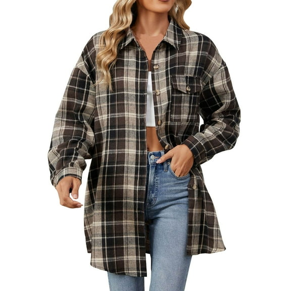 Utoimkio Women's 2025 Fall Winter Plaid Shirts Jacket Casual Long Sleeve Boyfriend Button Down Shacket Coats for Women