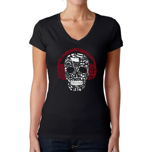 Women's Word Art V-Neck T-Shirt - Music Notes Skull