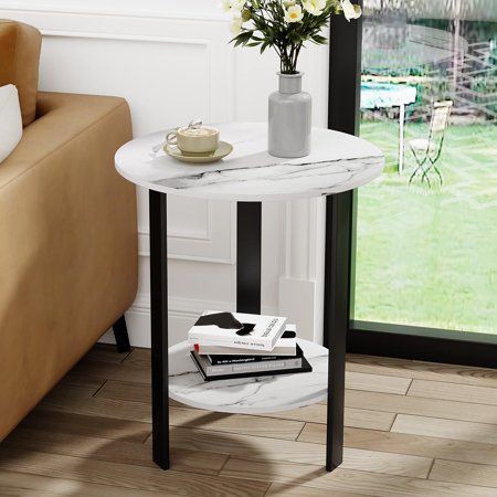 Yongchuang Round End Table White Faux Marble 20 inch Side Table Modern Beside Table for Living Room Bedroom Nightstand Accent Table with 2-Tier Wood Top Storage Shelf