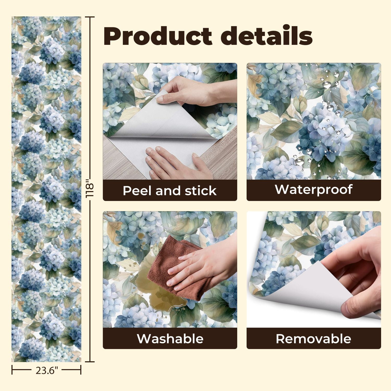 Peel and Stick Wallpaper Delicate Blue Hydrangea Flower Soft Green Leaves Wall Mural 23.6in x 9.8ft Self Adhesive Removable Wall Paper Renter Friendly Wallpaper for Nursery Bedroom Cabinets