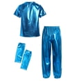 thumbnail image 2 of Haitryli Girls Boys Shiny Metallic Hip Hop Dance Outfits Short Sleeve Tops with Pants Gloves Oversleeve Sets Light Blue 14-15, 2 of 3