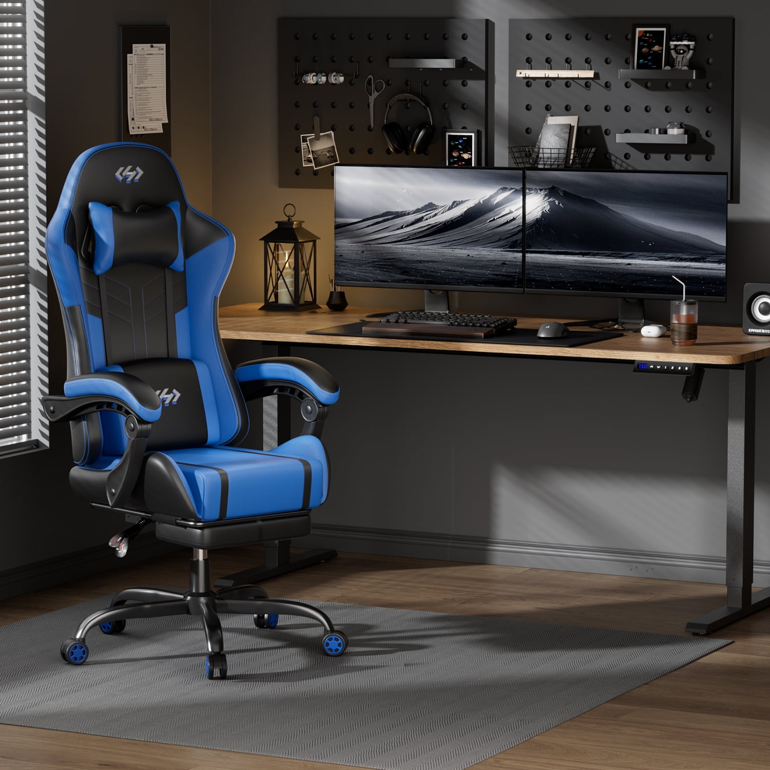 HLDIRECT Ergonomic High Back Gaming Chair with Pocket Spring Cushion, Game Chair with Footrest & Lumbar Massage, Gamer Chair, Computer Chair for Adults, Black & Blue
