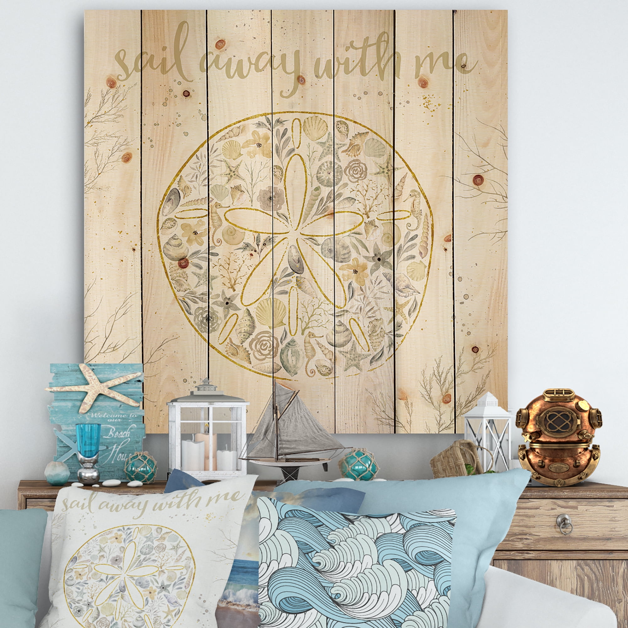 Designart 'Coastal Floral Blossoms IV Neutral' Nautical & Coastal Print on Natural Pine Wood