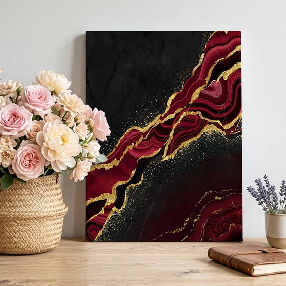 Canvas Wall Art Black Gold Marble Canvas Art Print Rose Red Luxury Modern Abstract Texture Pictures Wall Decor for Living Room Bedroom Artwork Decorations Stretched Framed Ready to Hang 24"x32