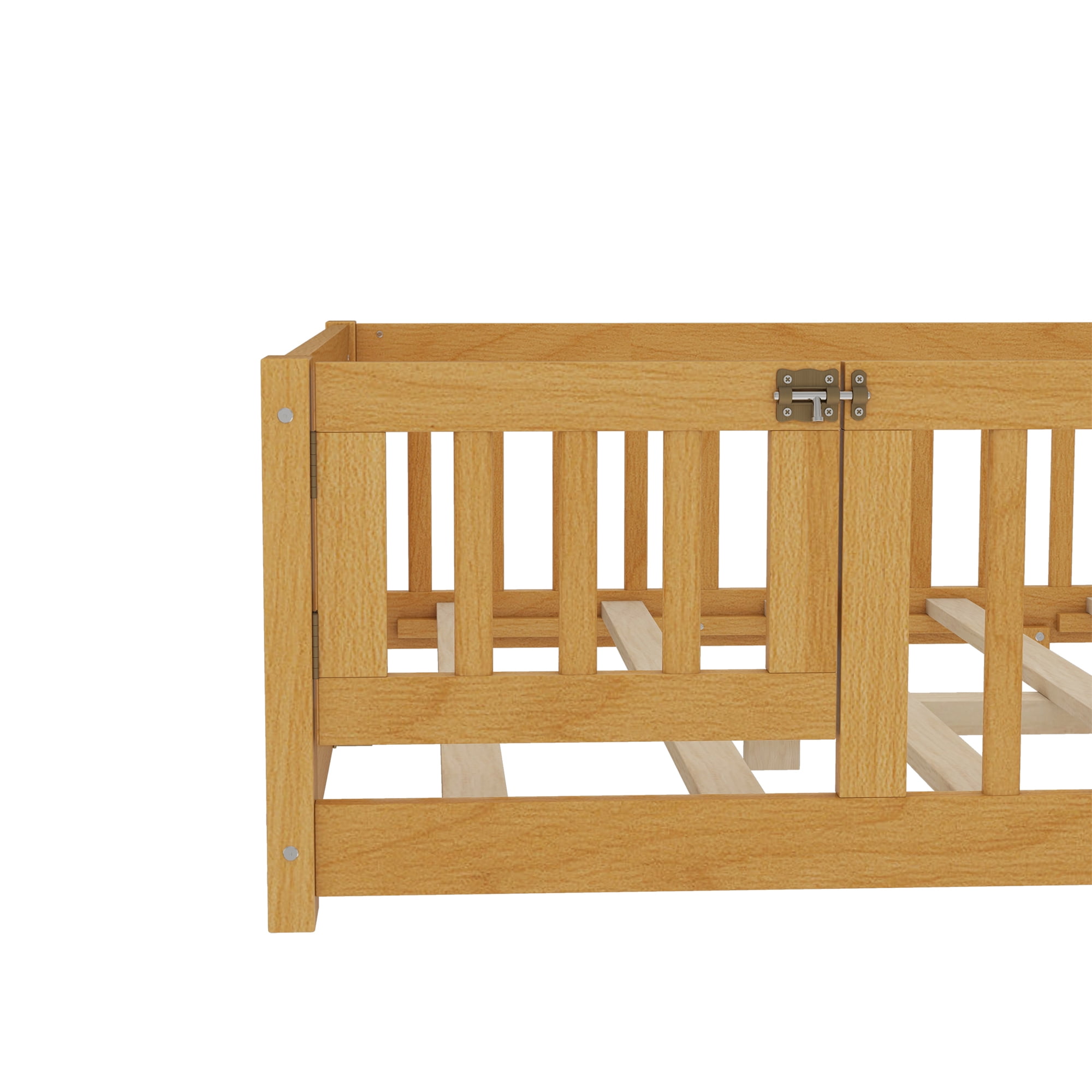 Jopath Full Size Floor Bed Frame,Montessori Bed with Guardrails and Door,with Slatted Base,for Kids,Boys,Girls,Natural