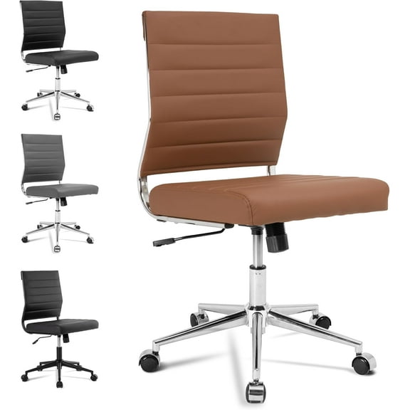Okeysen Brown Armless Office Desk Chair, Mid Back Ergonomic Swivel Conference Room Chairs, Adjustable Height PU Leather Home Desk Chair, Modern Small Rolling Computer Task Chair
