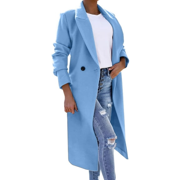 Baberdicy Woolen Coat Women's Faux Wool Coat Blouse Thin Coat Trench Long Jacket Ladies Slim Long Belt Elegant Overcoat Outwear Wool Coats for Women Blue 1