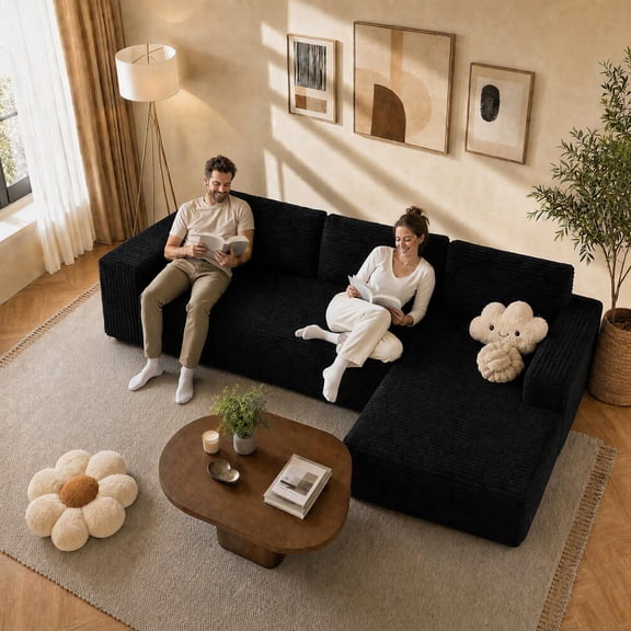 Hommidika 106" Boneless Couch Cloud for Living Room,L-Shaped Modular Sectional Sofa with Deep Seat,No Assembly Required(Black,Right Facing Chaise)