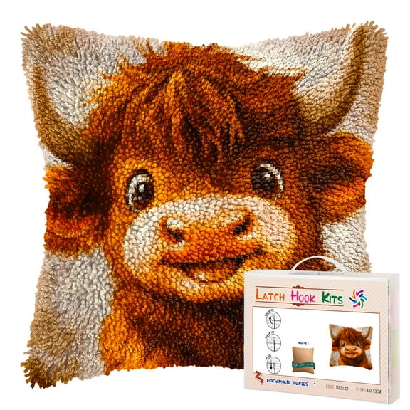 DIY Latch Hook Pillow Kits Brown Cute Cartoon Highland Cow Printed Pillowcase Crochet Yarns Hooking Handmade Pillow Cover Cushion for Home Sofa Decoration 17x17inch-1