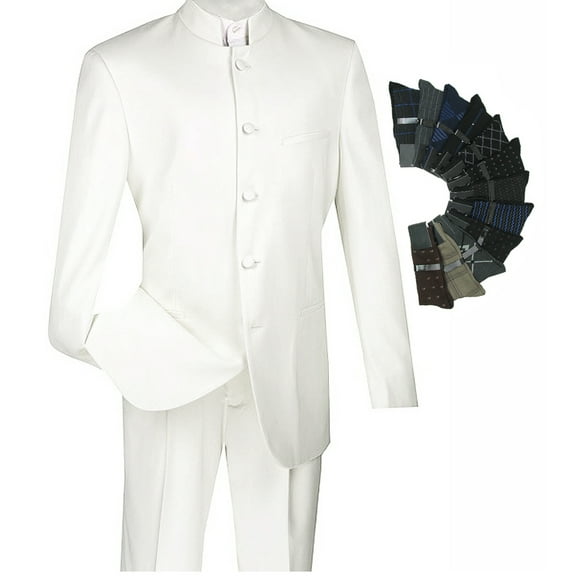 Sharp Mandarin Banded Collar Nehru Church Suit w/1 Pair Socks - White 44S