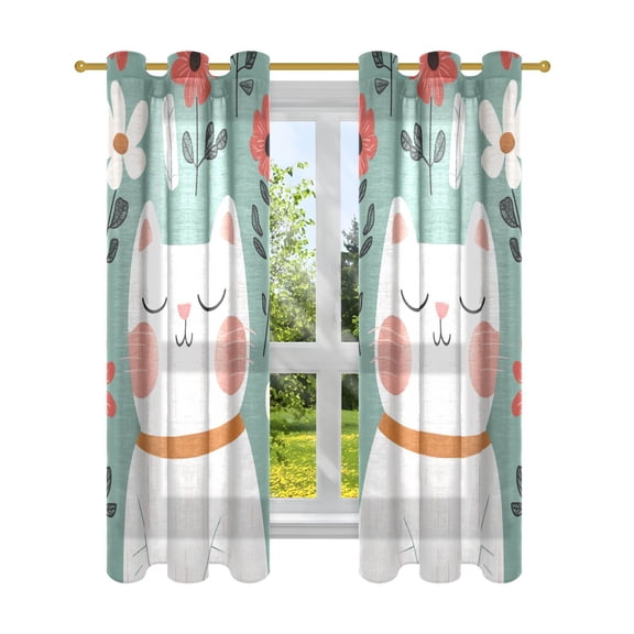 Happy Cat with Flowers Semi Sheer Curtains for Living Room Bedroom Set of 2 Insulated Window Drapes