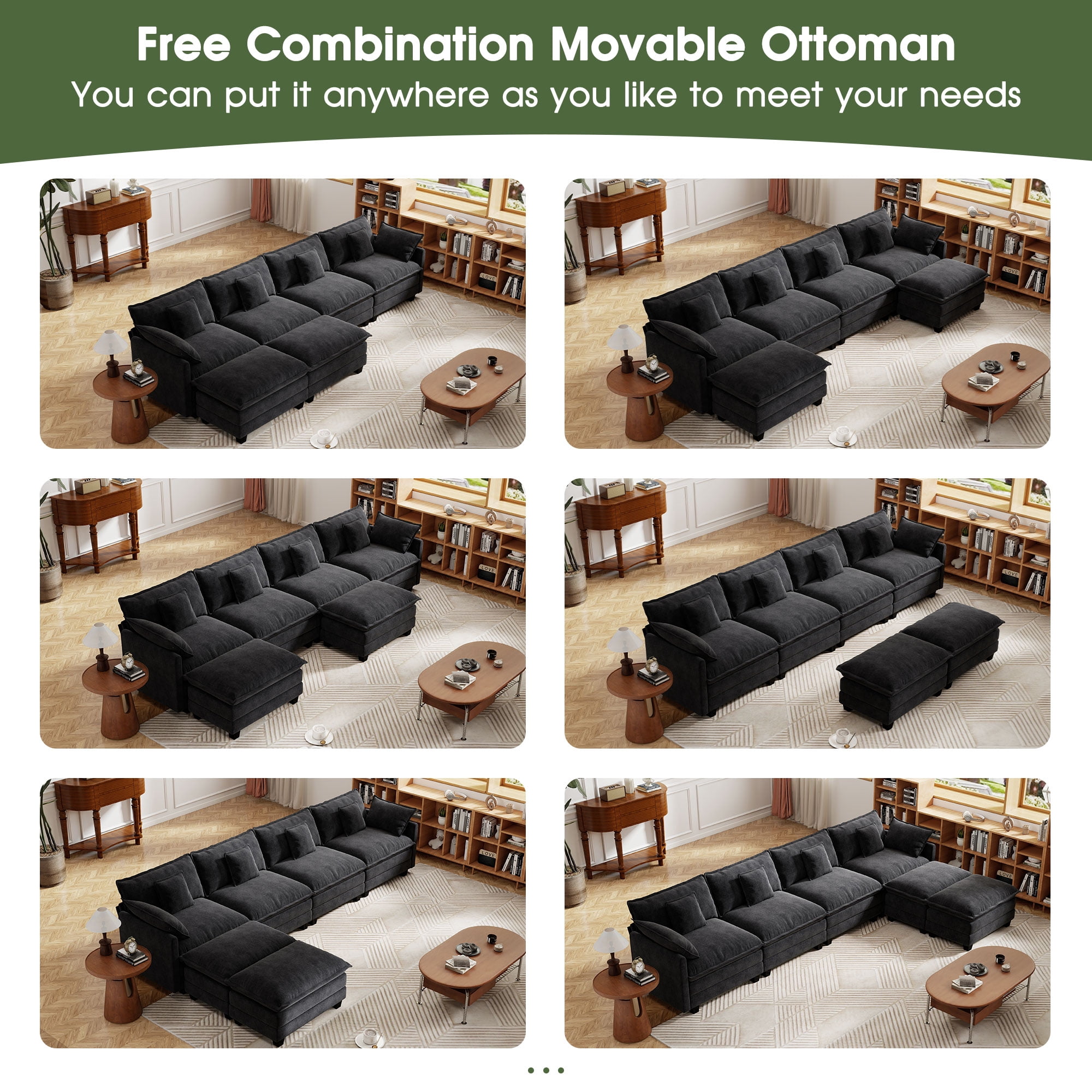 BedLuxury 146.5’’ U shape Modular Sectional Sofa with Movable Ottomans, Modern Chenille Deep Seat Couches for Living Room, Apartment, Office, 4-Seat, Black