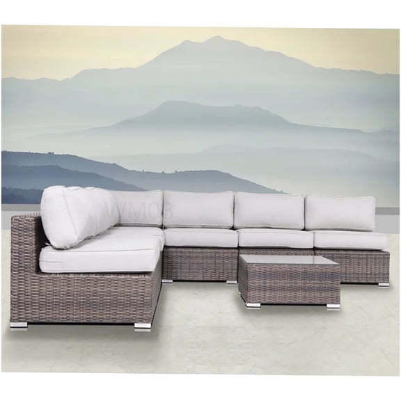 Modern 6-Person Wicker Patio Set with Table & Cushions, Fully Assembled Outdoor Sectional Sofa, Brown Gray