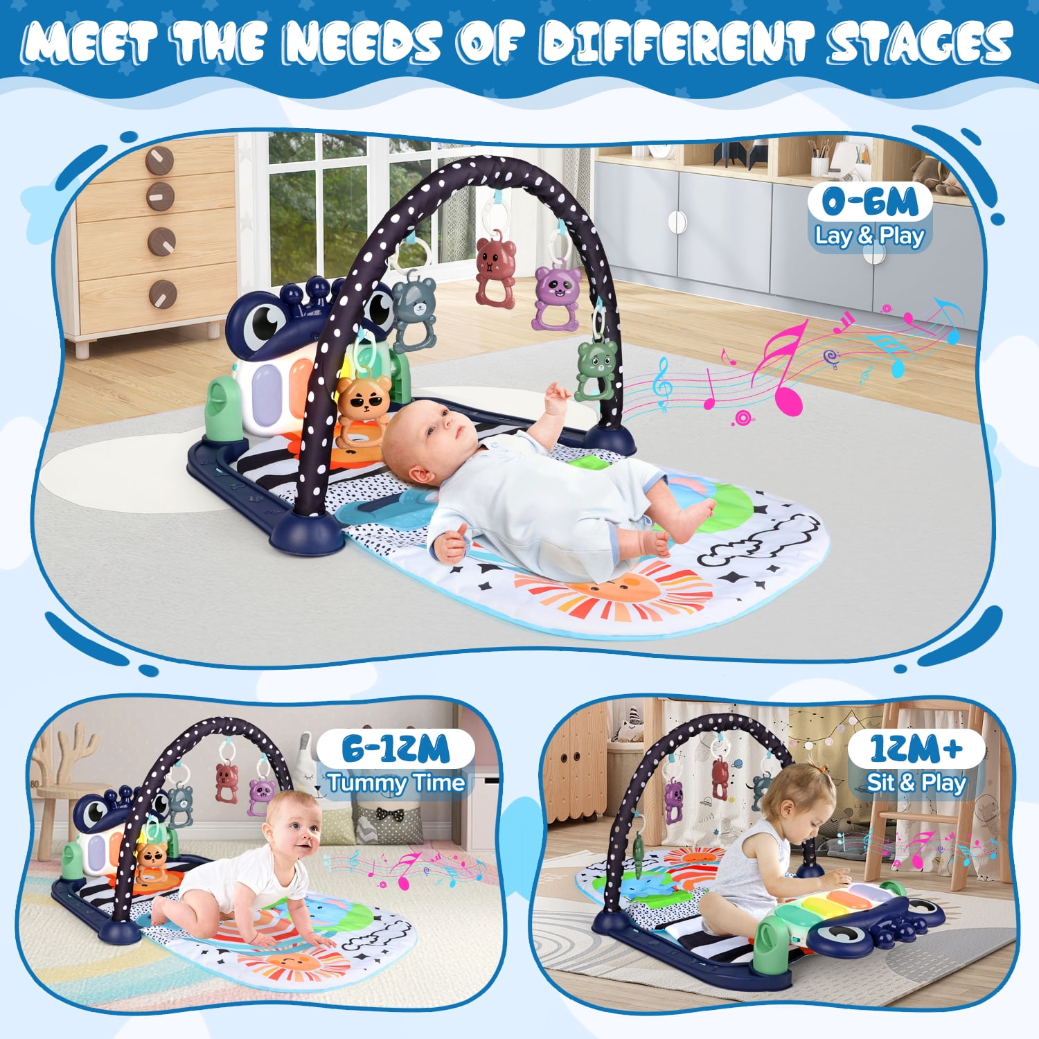 UUSUOO Baby Gym Play Mat,Kick and Play Piano Gym Tummy Time Activity Mat with 5 Infant Sensory Toys,Music and Lights, Boys & Girls Gift for Newborns 0-3-6-9-12 Months
