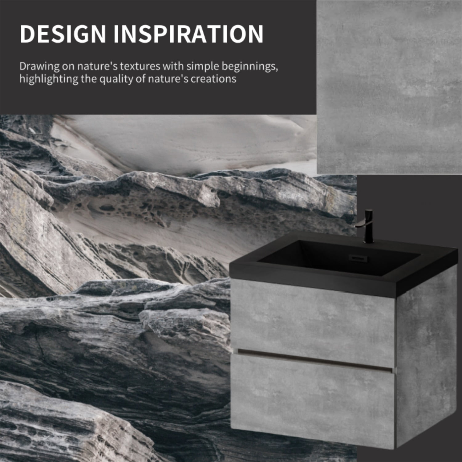 Demi Bonn 23" Floating Bathroom Vanity with Sink, Black Quartz Sand Top Basin and 2 Soft Close Drawers, Faucets and Drains Not Included, Gray