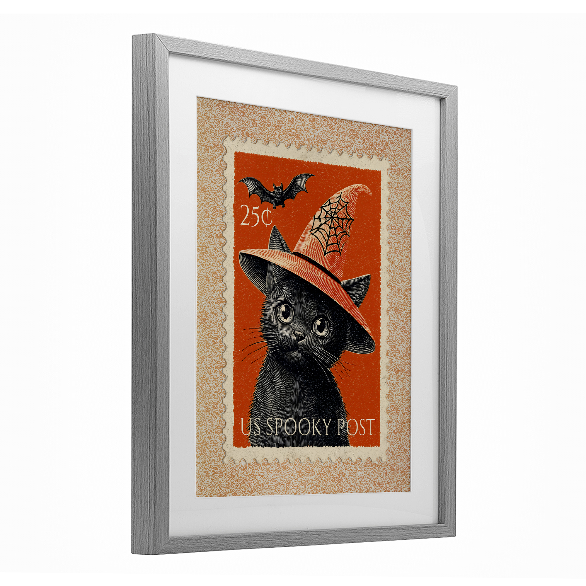 Vintage Black Cat Stamp Gray Framed Print Under Glass, design by Arlington Prints