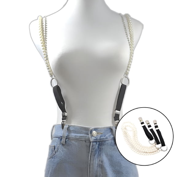 OQRKI Fashion Suspenders Women Belts Adjustable Y Back 3 Metal Strap Pearl Strap
