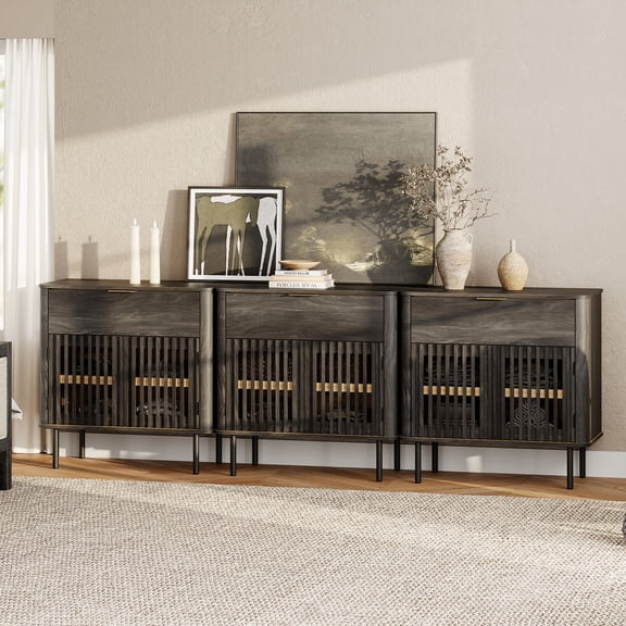 94.5" Sideboard Buffet Cabinet with Storage - Fluted Kitchen Credenza Cabinet with Pop-up Doors and Drawer, Black