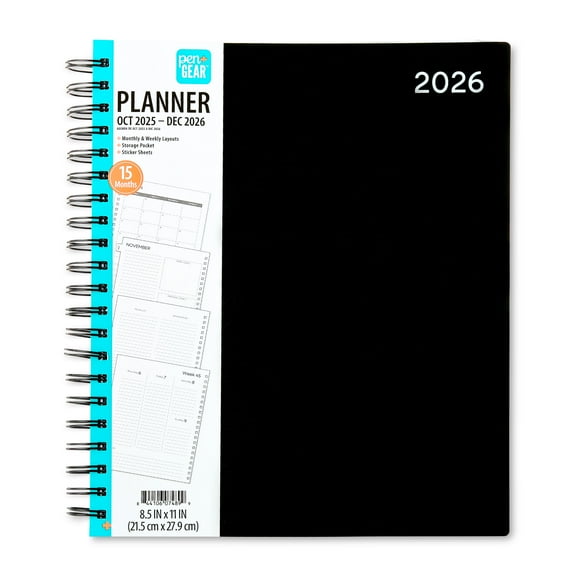 Pen+Gear 15-Month Weekly Planner, 8.5" x 11", Black, October 2025-December 2026