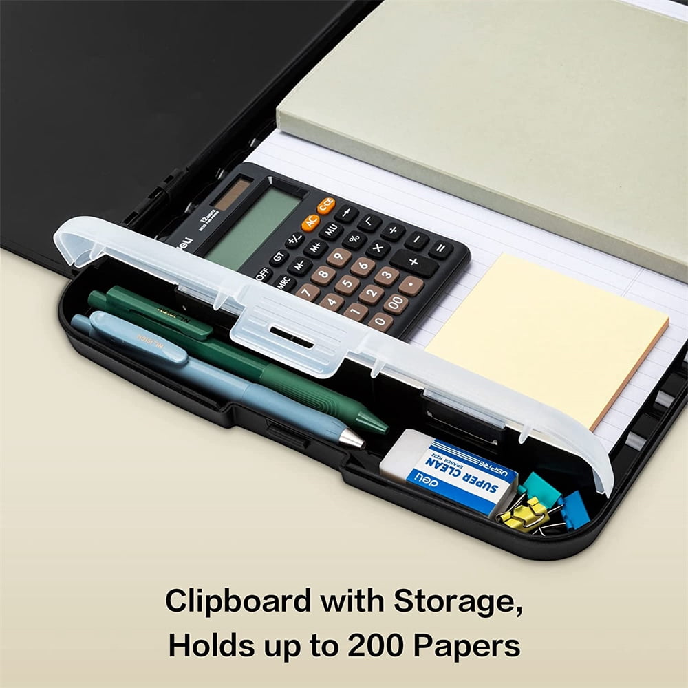 NOGIS Clipboard with Storage, Nursing Clipboards with Pen Holder and Refillable Lined Notepad, Heavy Duty Plastic Storage Clip Board, Clipboard Folder Side-Opening, Black