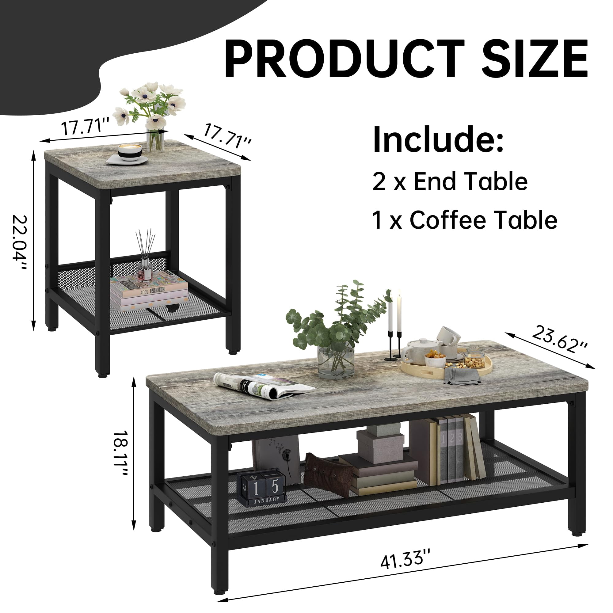 Cvortll Coffee Table Sets 3-Pieces, Modern Wood Coffee Table with 2 Square End Side Tables, Large Sturdy Coffee Table Set for Living Room, Grey