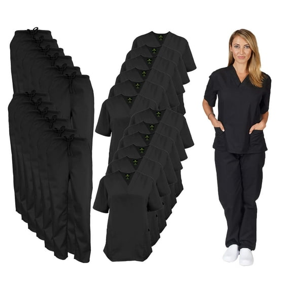 M&M SCRUBS Women Scrub Set V-Neck Medical Scrub Tops and Drawstring Pants - Pack of 12 Set (Black, 4X-Large)