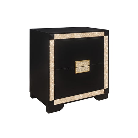 JERFIT Modern Nightstand with 2 Drawers Glitter Accent Black and Gold Bedside Table Rubberwood Contemporary End Table for Bedroom