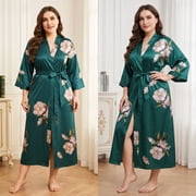 AMITOFO Long Silky Kimono Robes for Women Lightweight Silky Satin Floral Bathrobe Soft Cozy Ladies Housecoat Loungewear