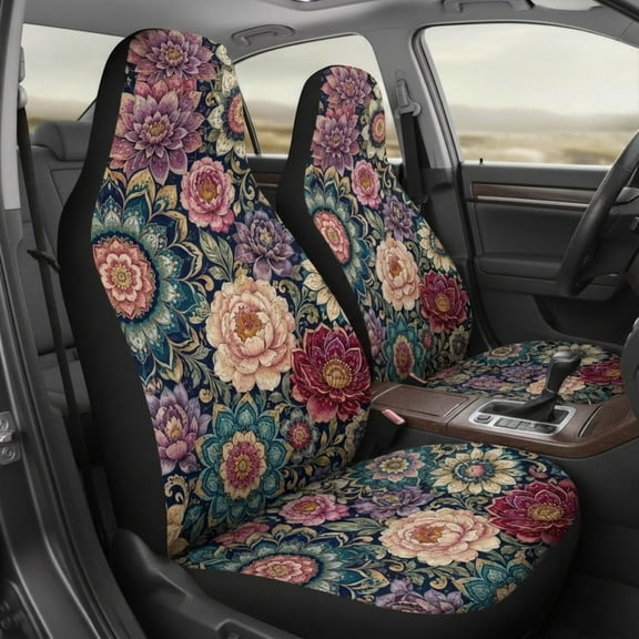 Emacom Ltd_Floral Mandala Car Seat Covers, Vintage Boho Flower Auto Seat Protectors, Colorful Botanical Vehicle Interior Decor