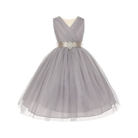 Brooches For Dresses - Little Girls Silver Pleated Rhinestone Brooch Tulle Flower Girl Dress 4