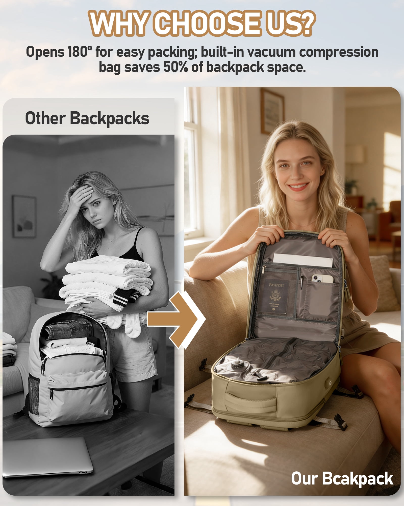 SYCNB Large Air Seal Travel Backpack for Men & Women, Airline Approved Vacuum Compression, Water-Resistant with Pump & Usb Port, 16 inch Laptop, Khaki