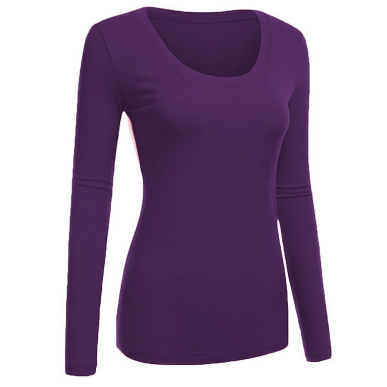 Emmalise Women's Plain Basic Scoop Neck Long Sleeve TShirt Tee - Purple, M