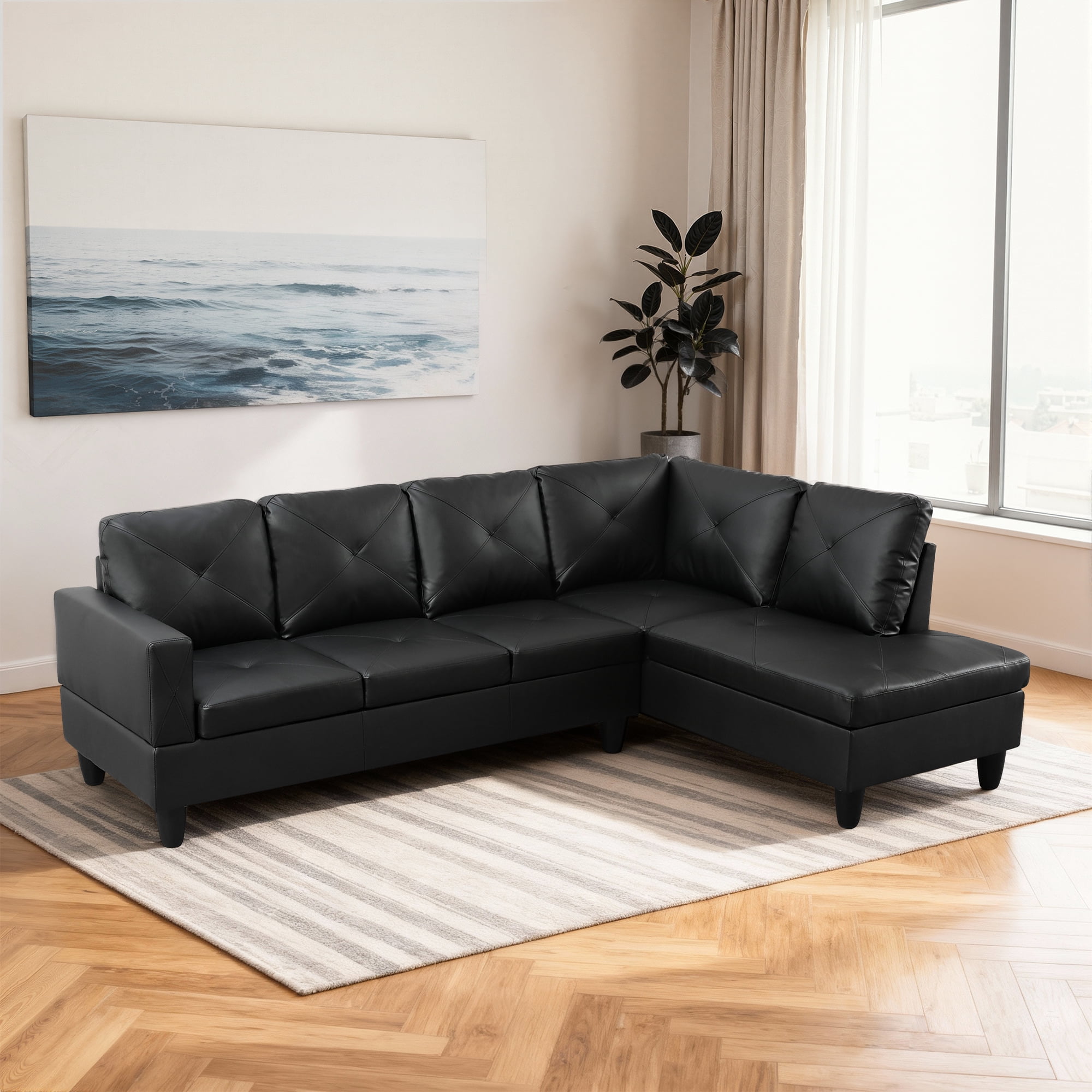 MAYEERTY 97" Faux Leather Sectional Couches, 2-Piece Modular Sofa Set with Reversible Chaise without Ottoman, Black (Right)