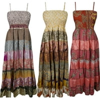 Mogul Womens Wholesale Lot Of 3 Pcs Maxi Dress Recycled Vintage Sari Patchwork Printed Strappy Holiday Sundress