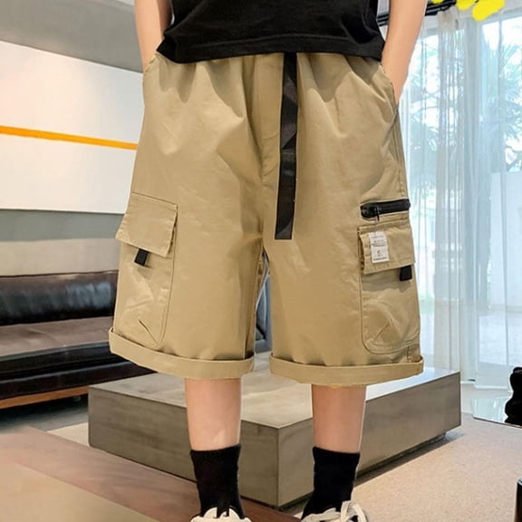 WQNVRNR Boys Cargo Shorts- Elastic Waist Casual Pockets Soft Summer Shorts Khaki Size 8