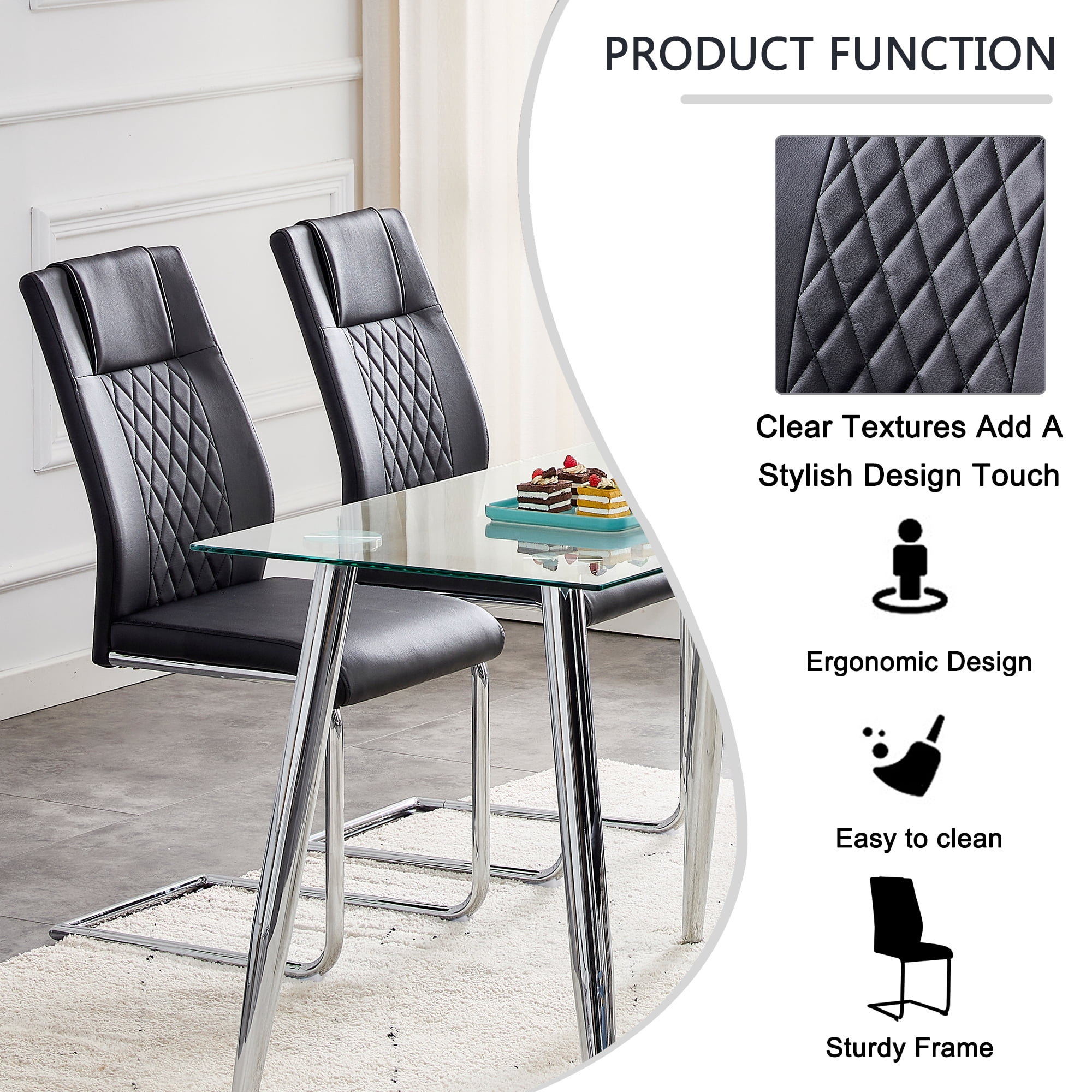 NYEESS Set of 4 Black High Back Dining Chairs Armless with Waterproof Faux Leather Upholstered Seat Chrome Metal Legs for Kitchen Dining Room