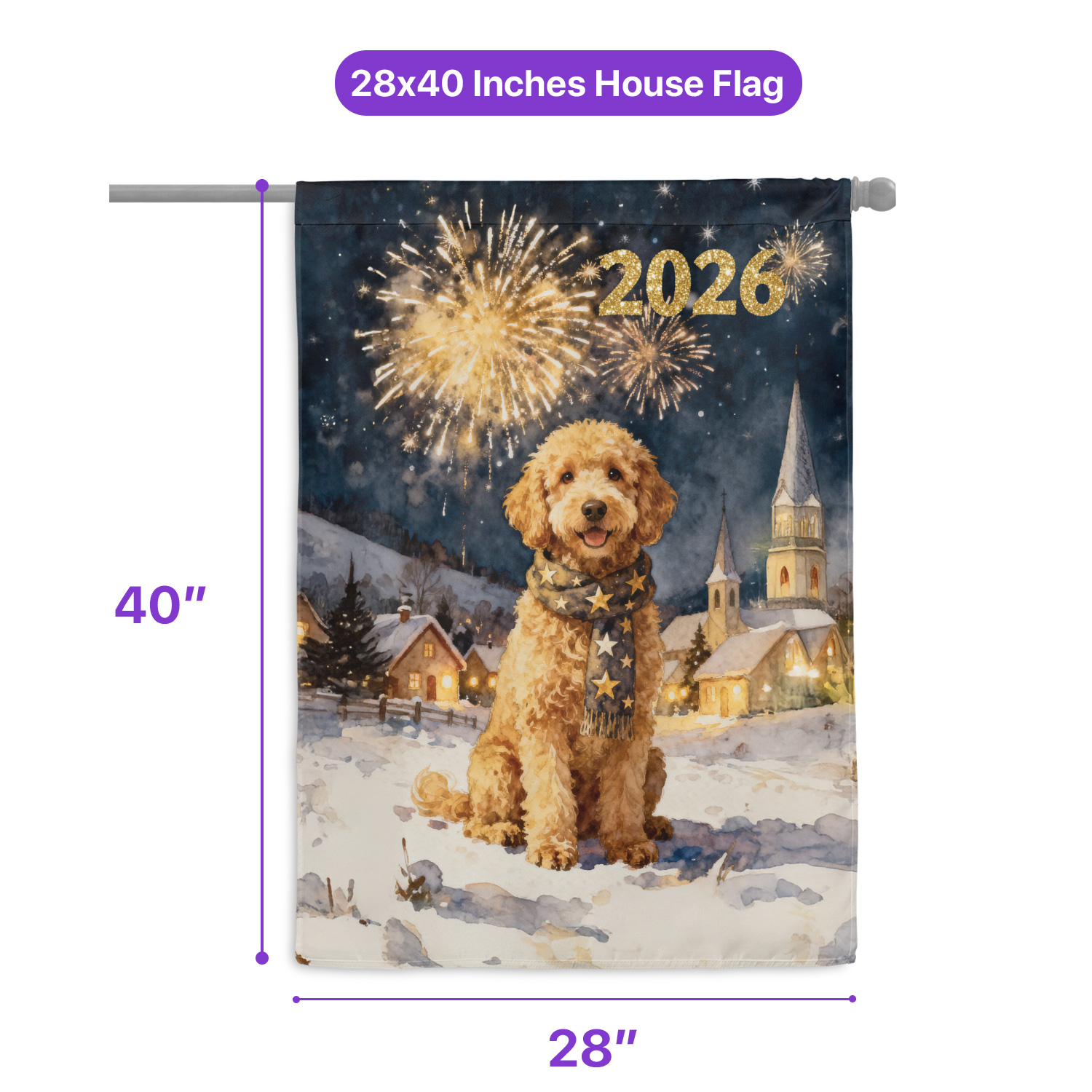 Goldendoodle Happy New Year 2026 with Fireworks on New Year's Eve House Flag 28x40in Double Sided Doodle Dog Lover Gifts Idea Outdoor Decor - 12022