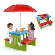Kids Picnic Table, Toddler Picnic Table with Removable & Foldable Umbrella, Plastic Children Patio Furniture for Garden Backyard, Kids Outdoor Table, Red, Blue & Green