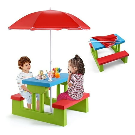 Kids Picnic Table, Toddler Picnic Table with Removable & Foldable Umbrella, Plastic Children Patio Furniture for Garden Backyard, Kids Outdoor Table, Red, Blue & Green