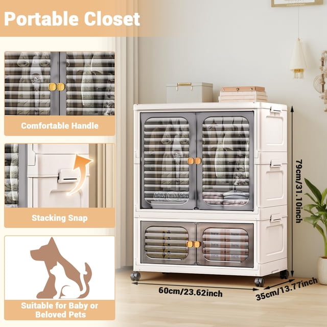 GloryStar Garde-Robe pour Animaux, Armoire de Rangement Empilable, Armoire à Vêtements avec Portes, Roues et Tringles pour Salon à la Maison