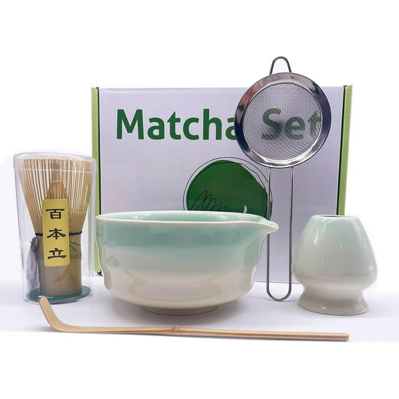 5pcs Matcha Whisk Set Includes Matcha Bowl with Spout, Matcha Whisk and Holder, Bamboo Scoop and Stainless Steel Sifter, Gradient Green Ceramic Japanese-style Matcha Tool Kit